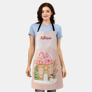 Pink Cute Gingerbread House Xmas Holiday Apron