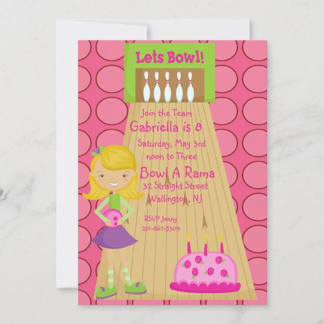 Pink, Cute, Girl Bowling Party Invitation (Front)