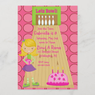 Pink, Cute, Girl Bowling Party Invitation