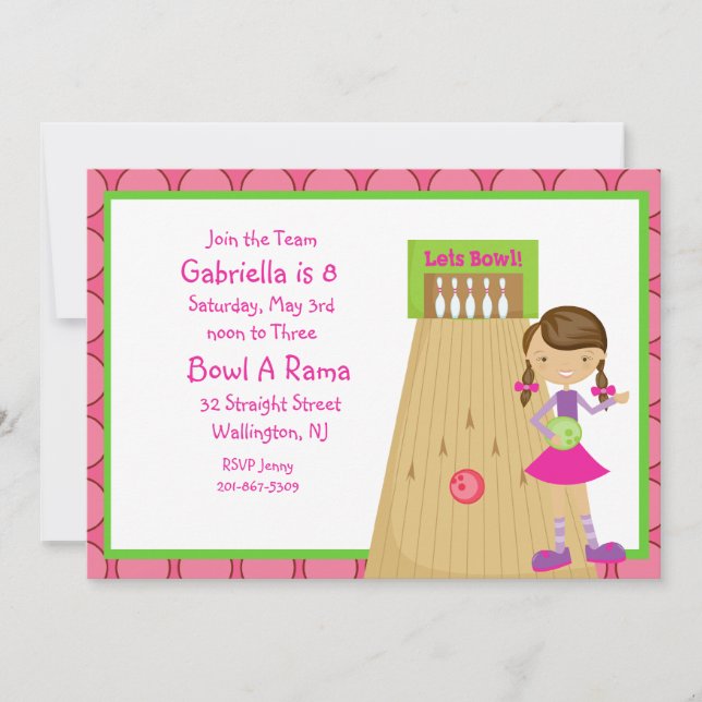 Pink, Cute, Girl Bowling Party Invitation (Front)