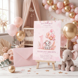 Pink cute girl elephant 1st floral birthday Invitation