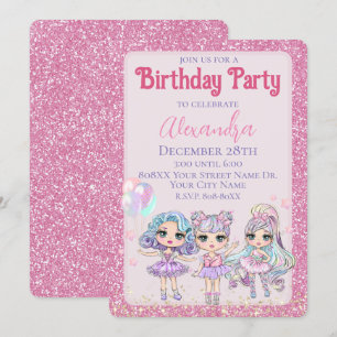 Pink Cute Glitter Dolls Girl's Birthday Party Invitation
