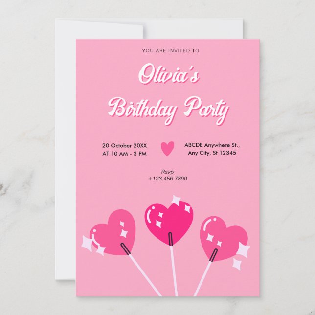 Pink cute heart candy birthday invitation (Front)