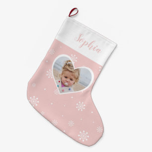 Pink Cute Heart, Snowflakes Christmas Custom Photo Large Christmas Stocking