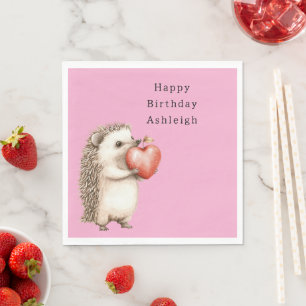 Pink Cute Hedgehog Heart Animal Birthday Napkin