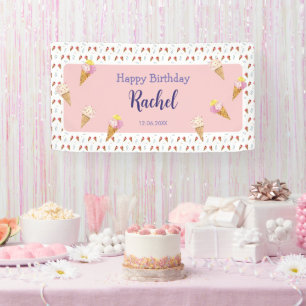 Pink Cute Ice Cream Cone Kids Girl Birthday Banner