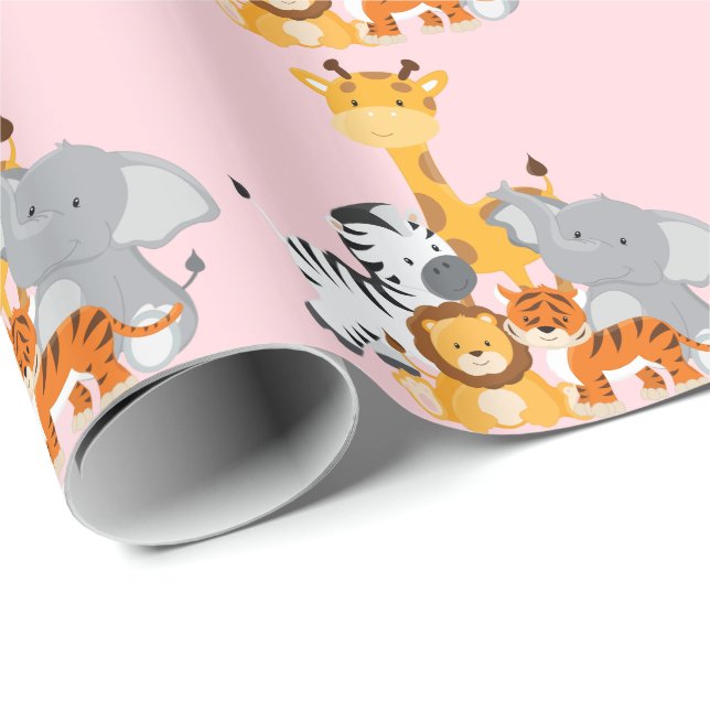 Pink Cute Jungle Baby Animal Wrapping Paper (Roll Corner)