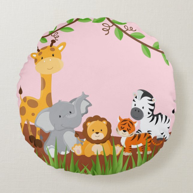 Pink Cute Jungle Baby Animals Round Pillow (Front)