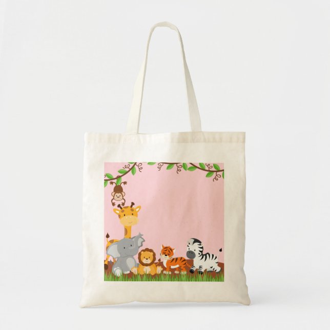 Pink Cute Jungle Baby Animals Tote Bags (Front)