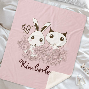 Pink Cute Kitten and Bunny Animal Friends Kids Sherpa Blanket
