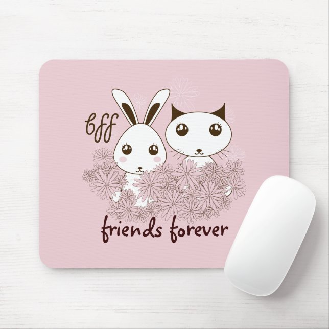 Pink Cute Kitten Bunny Animal Friends Girls Kids Mouse Pad (With Mouse)