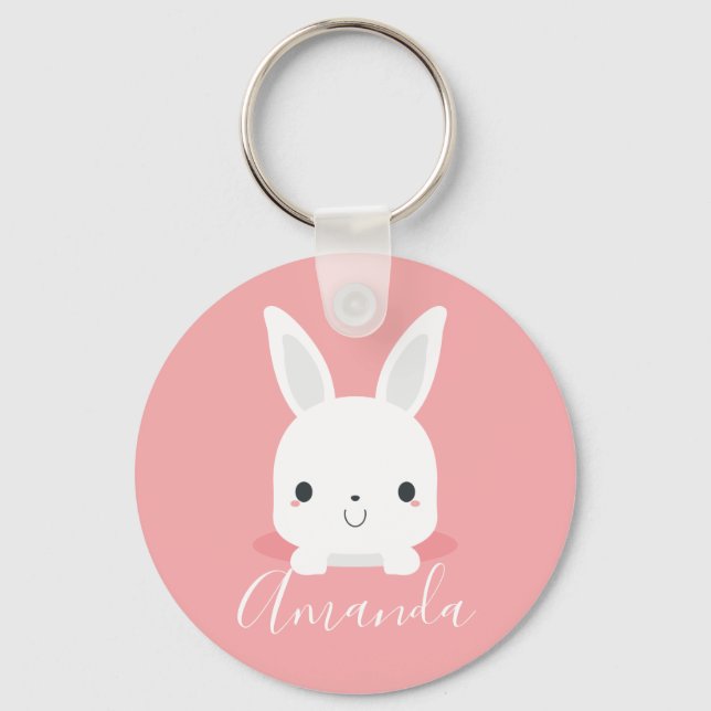 Pink Cute Little Bunny Rabbit with Custom Name Key Ring (Front)