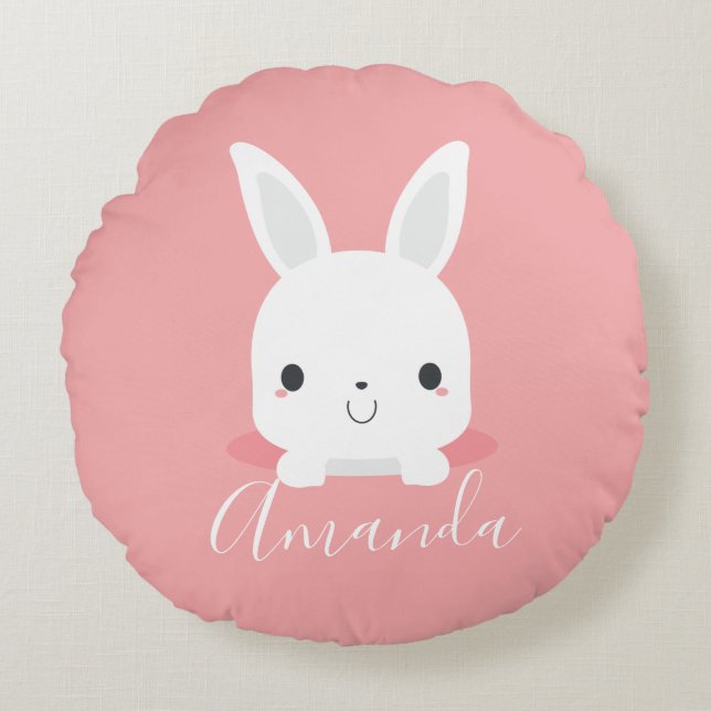 Pink Cute Little Bunny Rabbit with Custom Name  Round Cushion (Front)