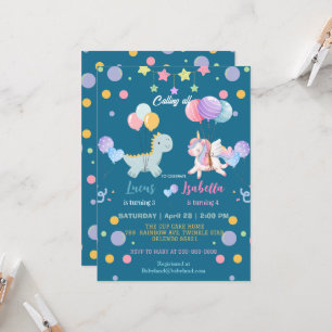 Pink Cute Magical Unicorn dinosaurs Birthday party Invitation