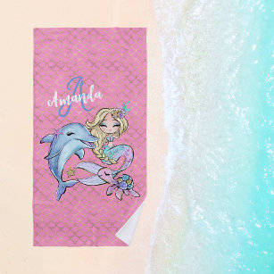 Pink Cute Mermaid Custom Girl Beach Towel