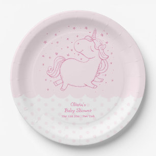 Pink Cute Modern Polka Dot Unicorn Baby Shower Paper Plate