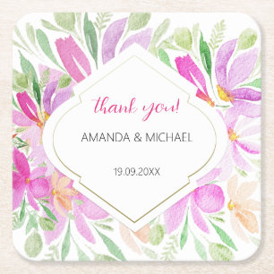 Pink Cute Modern Watercolor Boho Floral Square Paper Coaster