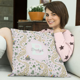 Pink Cute n' Curvy Shamrocks Baby Name St Patricks Cushion