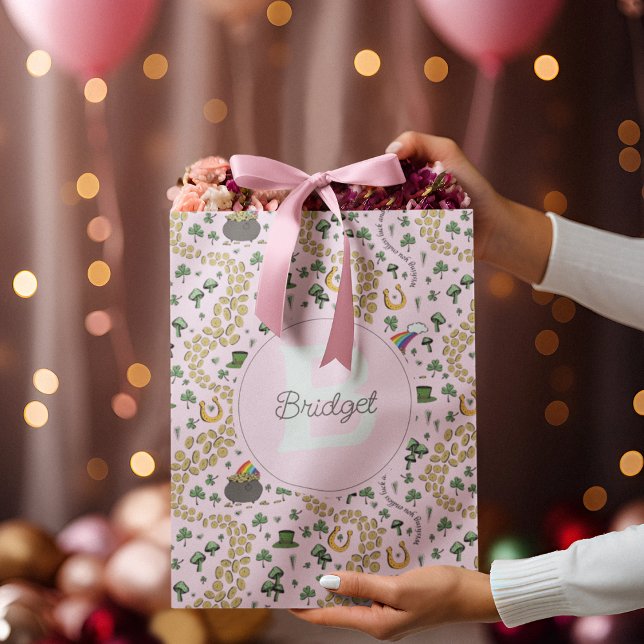 Pink Cute n' Curvy Shamrocks Baby Name St Patricks Medium Gift Bag (Original St Patricks Day pattern. Click on "Personalize" & follow the text prompts to make it yours!)