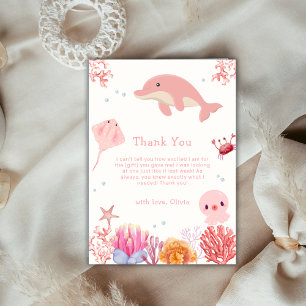 Pink Cute Ocean Dolphin Girl Baby Shower Thank You Card