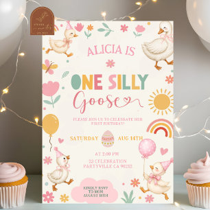 Pink Cute ONE Silly Goose birthday invitation