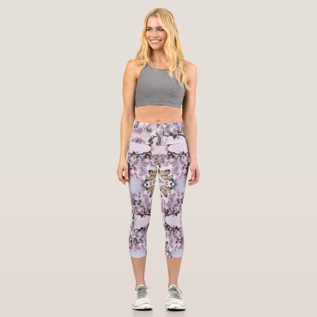 Pink cute orchid flowers and butterfly drawing  capri leggings (Front)