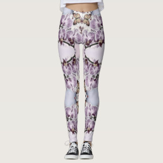 Pink cute orchid flowers and butterfly drawing  leggings