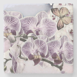 Pink cute orchid flowers and butterfly drawing  stone coaster
