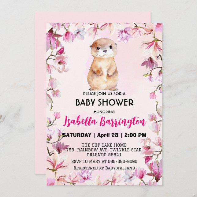 Pink Cute Otter cub wild flowers baby shower kids Invitation (Front/Back)
