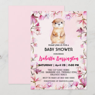 Pink Cute Otter cub wild flowers baby shower kids Invitation
