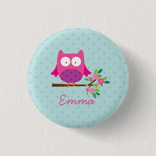Pink Cute Owl Personalised Button