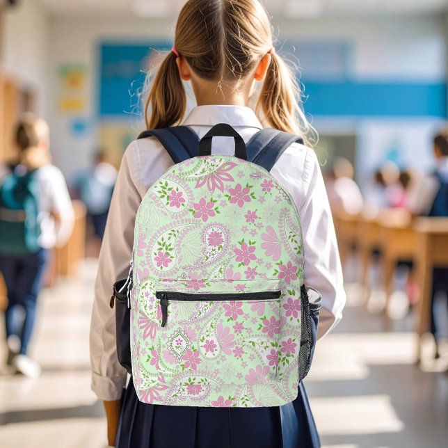 Pink Cute Paisley Pattern Chic Printed Backpack (Pink and green paisley print pattern backpack.)