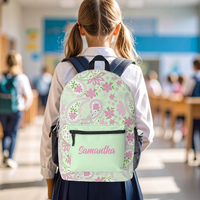 Pink Cute Paisley Pattern Personalised Printed Backpack (Pink and green paisley pattern personalized backpack.)