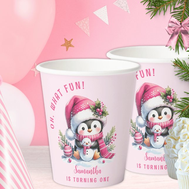 Pink Cute Penguin Christmas Girl 1st Birthday Paper Cups (Creator Uploaded)