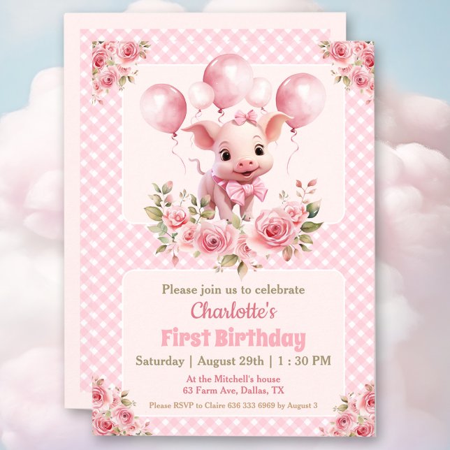 Pink Cute Pig Farm Girl 1st Birthday Invitation (Cute little piglet in pink 1st Birthday party invitation for a girl)