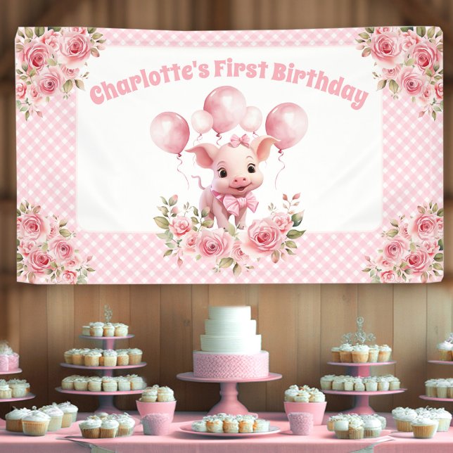 Pink Cute Pig Farm Girl 1st Birthday Party Banner (Pink Cute Pig Farm Girl 1st Birthday Party Banner)