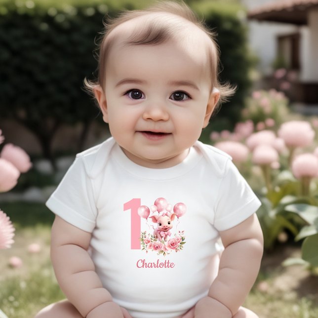 Pink Cute Pig Girl Farm 1st Birthday Baby Bodysuit (Pink Cute Pig Girl Farm 1st Birthday Baby Bodysuit)