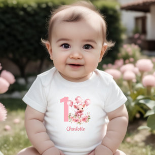 Pink Cute Pig Girl Farm 1st Birthday Baby Bodysuit