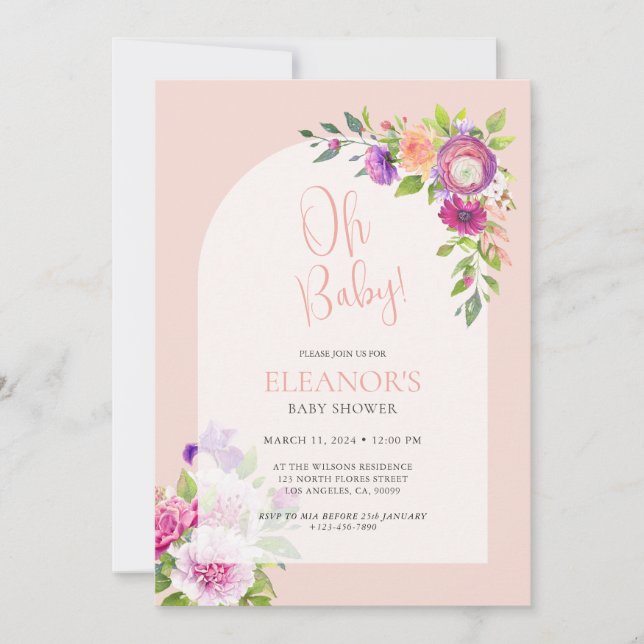 Pink Cute Playful Floral Arch Baby Shower  Invitation (Front)