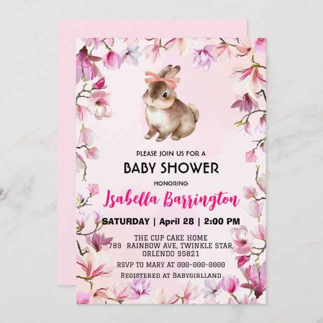 Pink Cute rabbit bunny flowers baby shower girls Invitation (Front/Back)