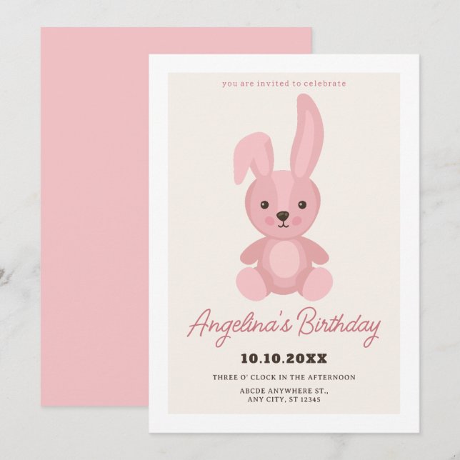 Pink cute rabbit doll birthday invitation (Front/Back)