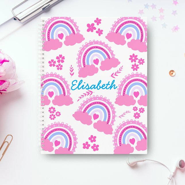 Pink Cute Rainbow Flowers Personalised Girl Name Notebook (Creator Uploaded)