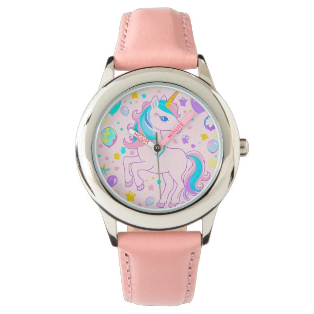 Pink Cute Rainbow unicorn birthday girls  kids Watch (Front)