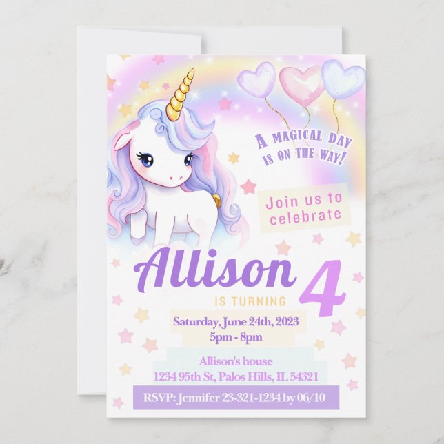 Pink cute rainbow unicorn birthday invitation (Front)
