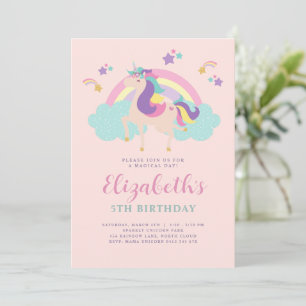 Pink Cute Rainbow Unicorn Personalised Birthday Invitation