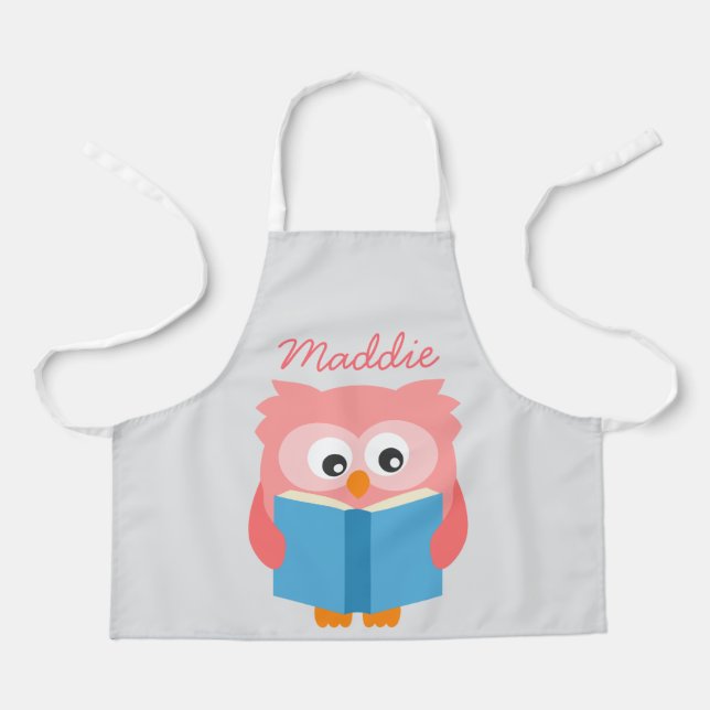 Pink cute reading owl apron (Front)