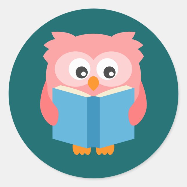 Pink cute reading owl classic round sticker (Front)