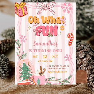 Pink Cute Retro Christmas Winter 1st Birthday Invitation