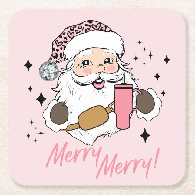 Pink Cute Santa, Boujee Santa w/ Stanley Belt Bag Square Paper Coaster (Front)