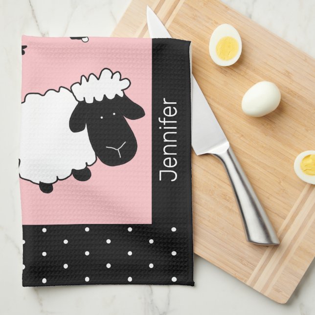 Pink Cute Sheep Illustration Monogrammed Tea Towel (Quarter Fold)